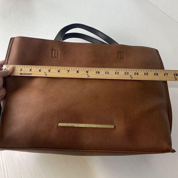 Steve Madden Brown Tote Double Handled Inside Zipper Pocket 2 Open Pockets Large - Picture 6 of 14